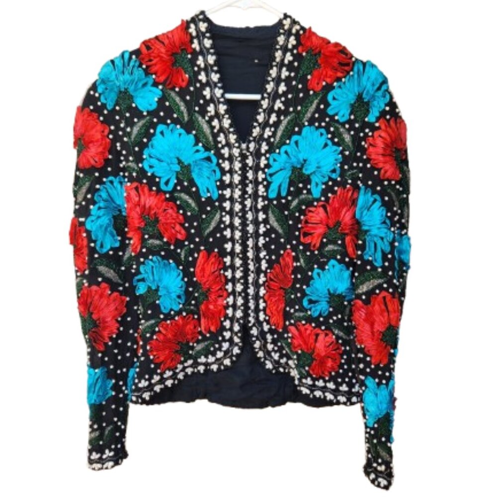 Multicolor Unique Jacket Floral Applique Pearl Embellished Zip-Up Costume